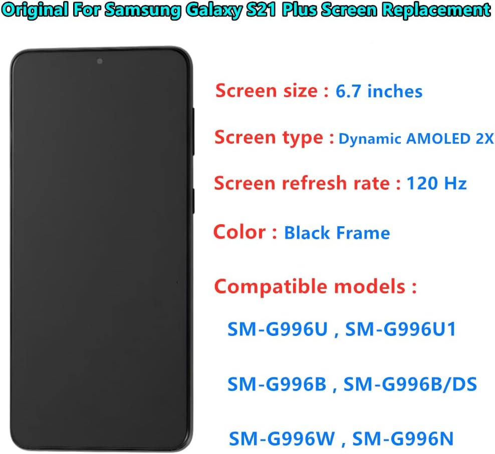 Original 6.7" AMOLED Display for Samsung Galaxy S21 Plus Screen Replacement OEM S21Plus 5G SM-G996U SM-G996U1 Display Touch Screen Digitizer Assembly (with Black Frame+Back Cover Adhesive+Tools)