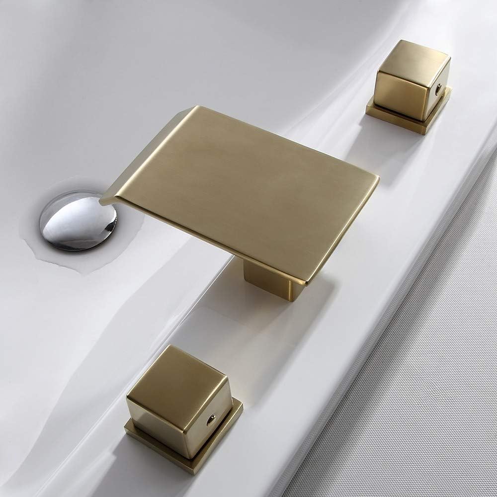 Suреr Dеаl Prоduсt BULUXE Waterfall Bathroom Sink Faucet in Brushed Gold, 3 Hole Double Square Handles Widespread Bathroom Faucet Solid Brass