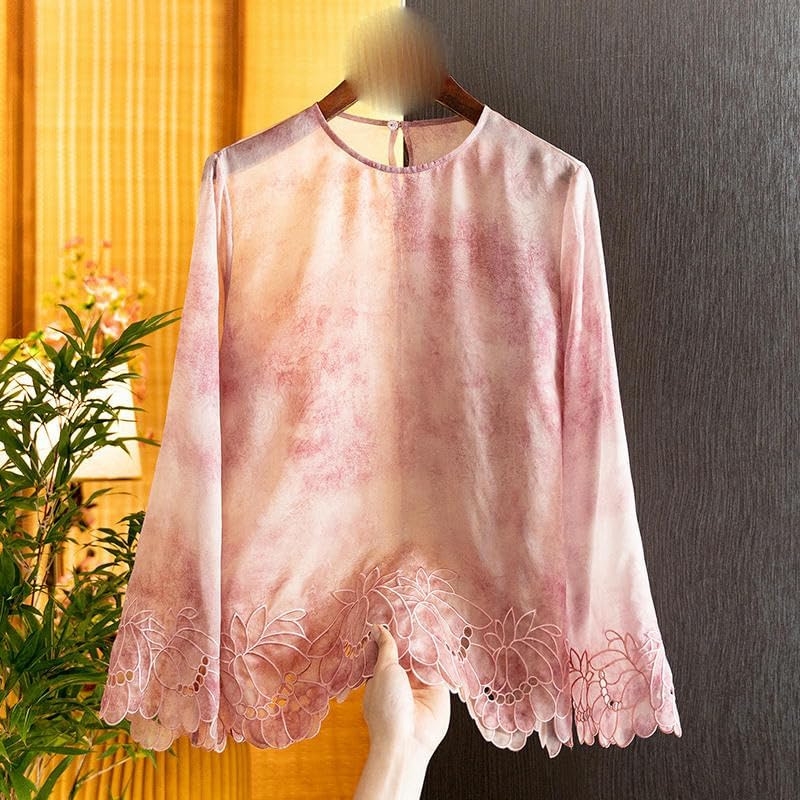 Women's Mulberry Silk Heavy Embroidered Blouse Summer Hollow Out Silk Top