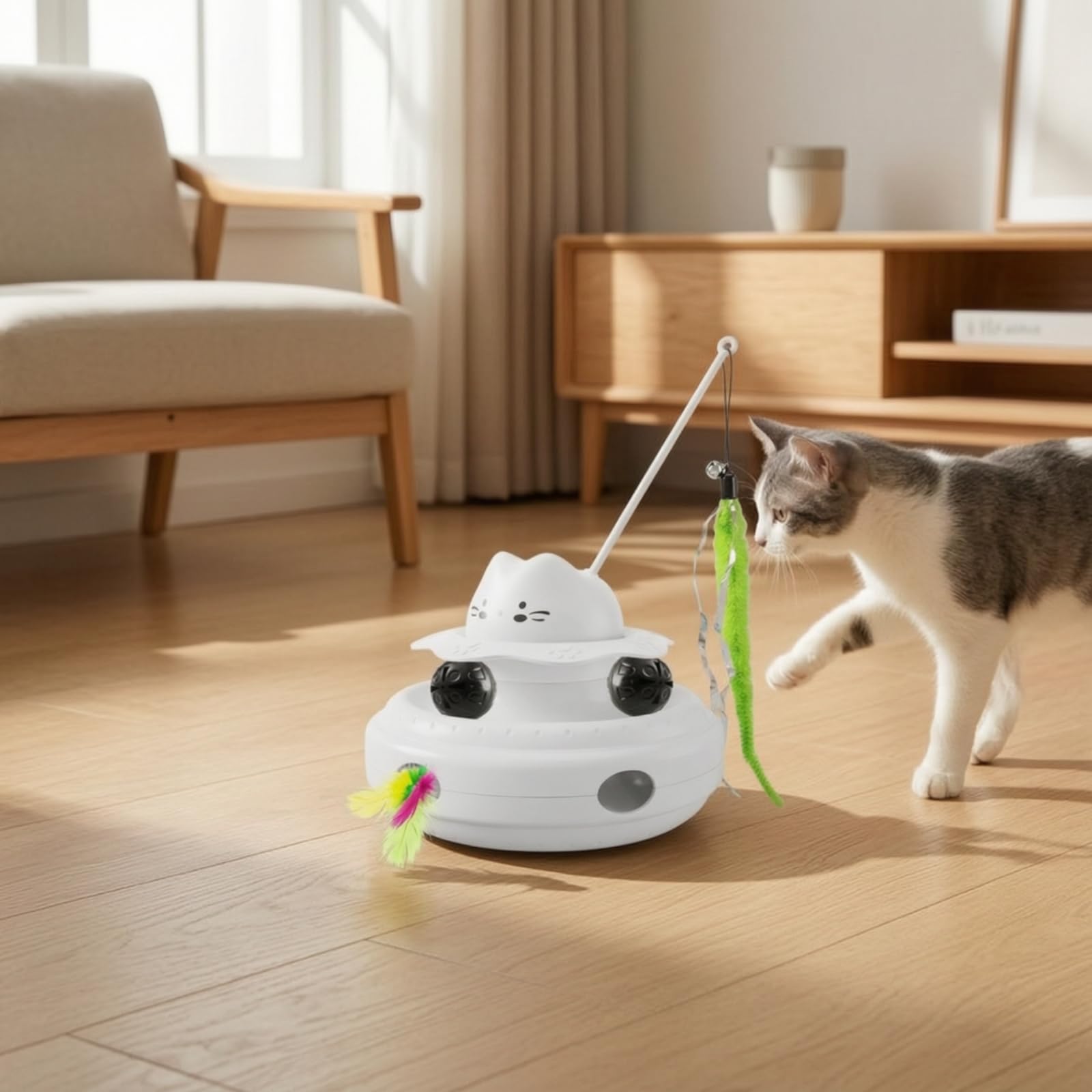 Dispositivo Interactivo para Gatos Juguete Eléctrico Plumas Que Incentivan Varilla Giratoria Continua Recargable de Larga Autonomía Base Estable, Azul