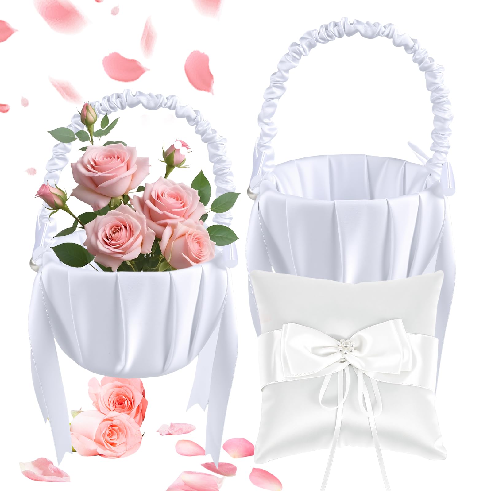 Flower Girl Basket and Ring Bearer Pillow Set for Weddings, White Satin Wedding Basket with Pearl Handle & Silk Bows, Flower Petal Baskets for Church Ceremonies, Outdoor Weddings Decor(Purple)