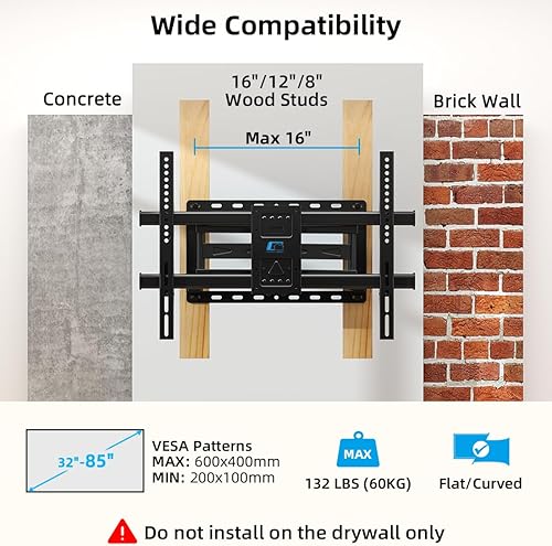 Miniatura 2 de HOME VISION Soporte de pared para TV de movimiento completo para televisores de 32 a 85 pulgadas de hasta 132 libras, se adapta a pernos de madera