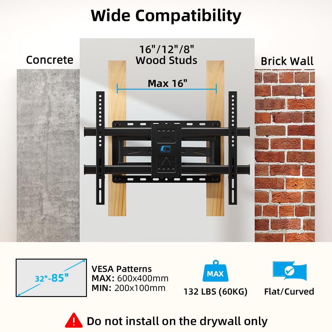 HOME VISION Full Motion TV Wall Mount for 32-85 inch TVs up to 132lbs, Fits 8”/ 12” /16” Wood Studs, TV Mount Wall Bracket with Dual Articulating Arms, Swivel, Tilt, Max VESA 600x400mm