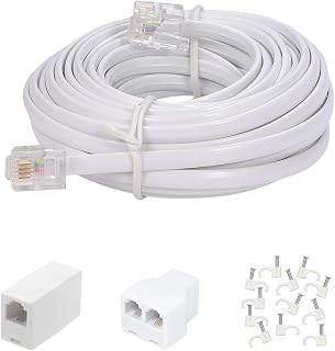 Menewstart 20FT White RJ11 Telephone Extension Cord with Splitter, Coupler & 15 Clips - Pure Copper Wire for Phone, Fax, Modem
