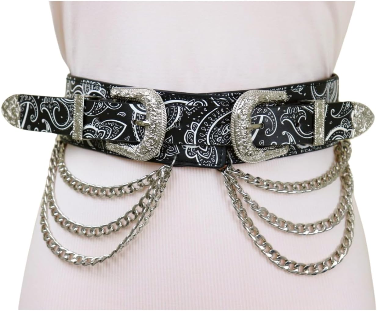 Women Western Fashion Wide Paisley Belt Black Faux Leather Silver Double Buckles Chain S Mz219 - Image 9