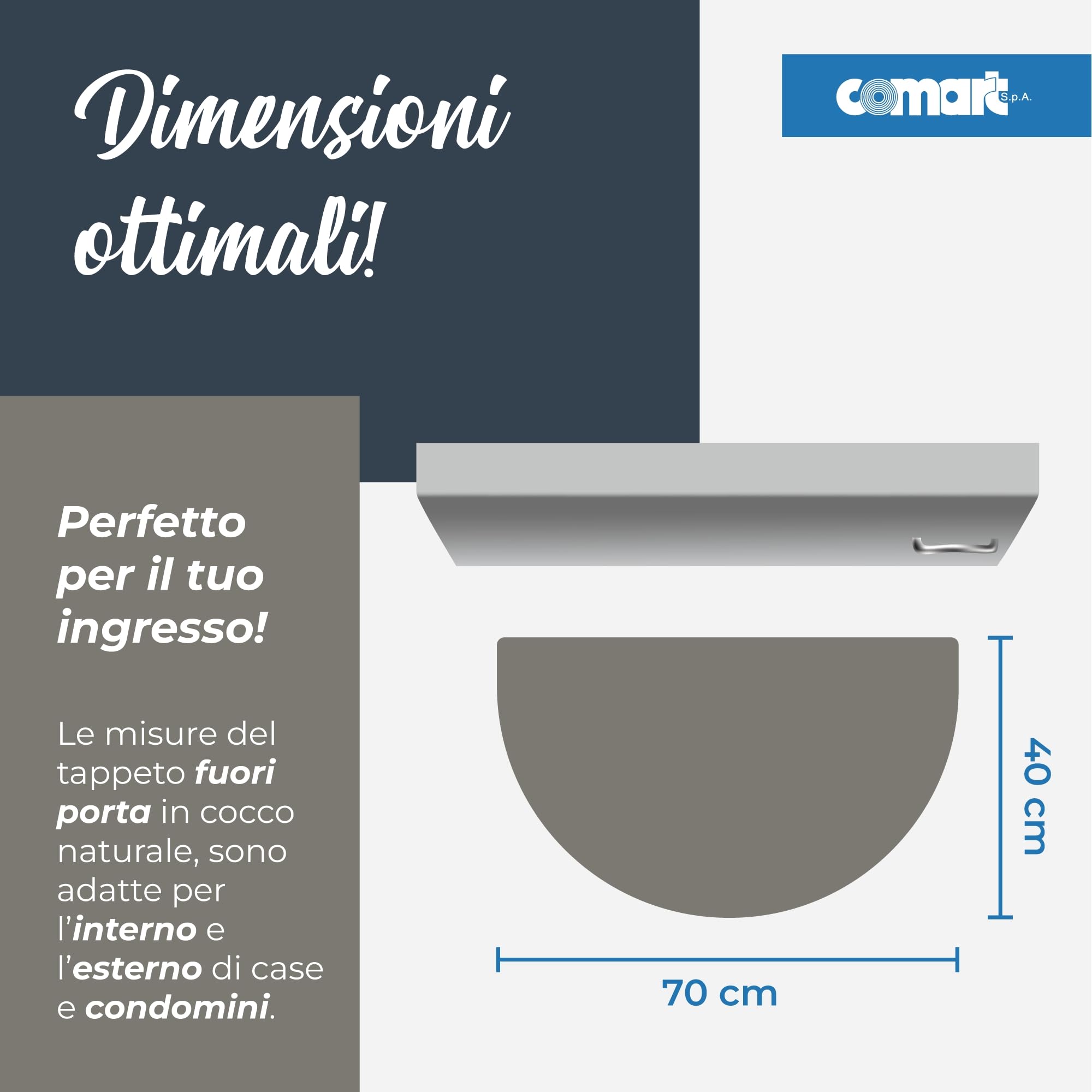 Comart - Zerbino Natural in Cocco - 40x70 cm - Zerbino per Ingresso Esterno e Interno - Fondo in PVC Antiscivolo - Tappeto Fuori Porta - Asciugapassi Facile da Pulire e Resistente - Mezzaluna