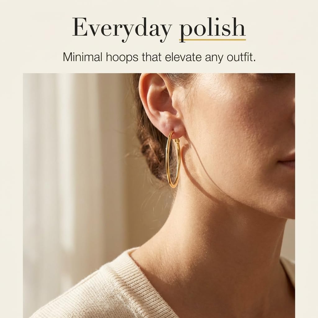14K Gold Hoop Earrings for Women Sleek Minimalist 2mm Thin Trendy Hoops Earring with Crisp Lines Daily Wear Jewelry 30/40/50/60mm