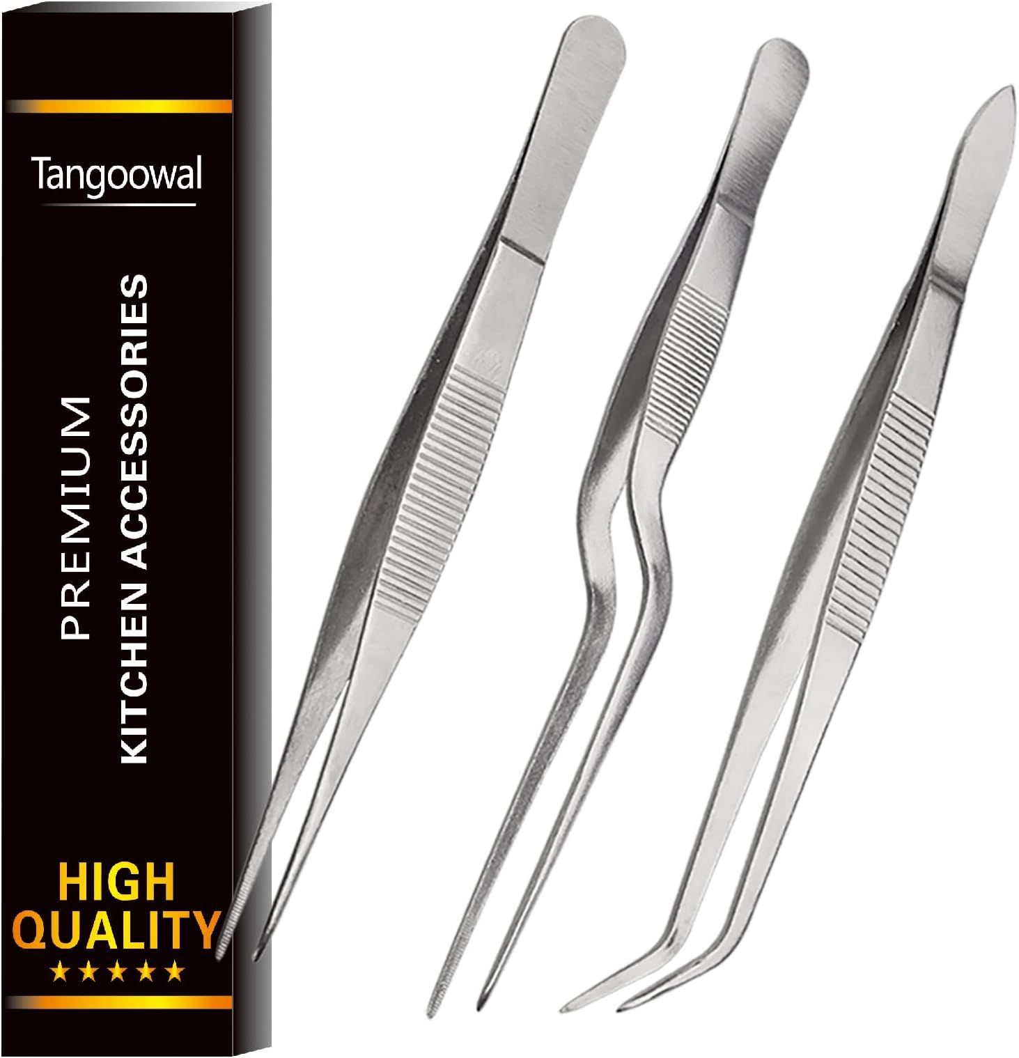 Rivoean Kitchen Cooking Tweezers Culinary,3 Piece Set Stainless Steel Tweezer Precision Tongs Offset Tip for Cooking Food Design Styling(6.3-Inch)