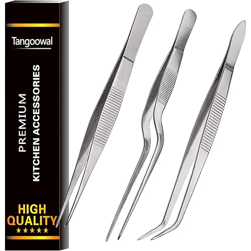 Kitchen Cooking Tweezers Culinary,3 Piece Set Stainless Steel Tweezer Precision Tongs Offset Tip for Cooking Food Design styling(6.3-Inch)