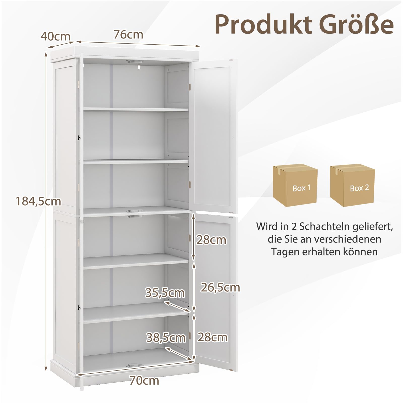 COSTWAY 6 stöckiger Garderobenschrank, Kleiderschrank mit 4 Türen & verstellbaren Regalen, Mehrzweckschrank Küchenschrank, Hochschrank für Badezimmer, Esszimmer, Büro, 76 x 40 x 184,5 cm, Weiß