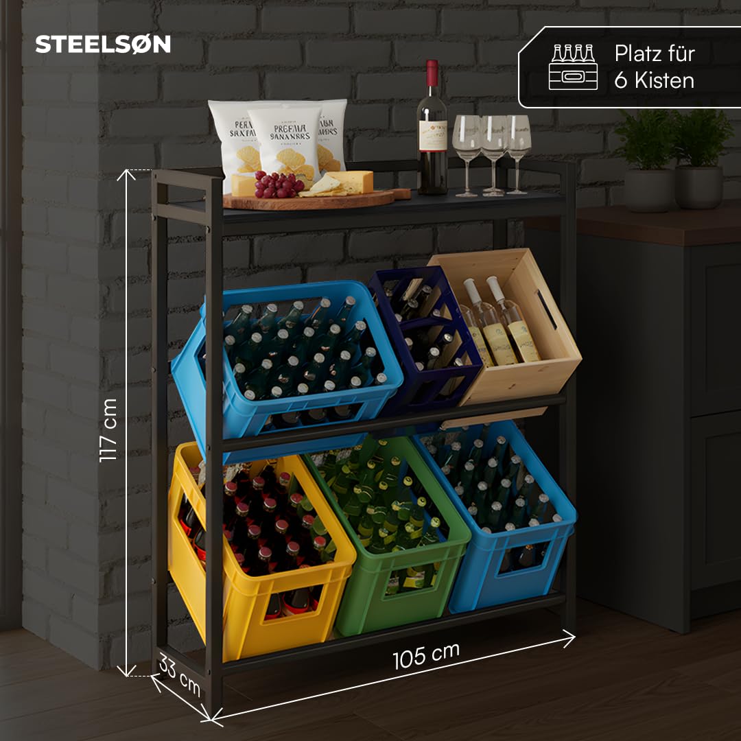 STEELSØN Astris Getränkekistenregal mit Ablage – stabiles & platzsparendes Getränkeregal für 6 Kisten – Kistenregal Schwarz Metall – Kastenständer für Getränkekisten & Obst – Bierkisten Regal