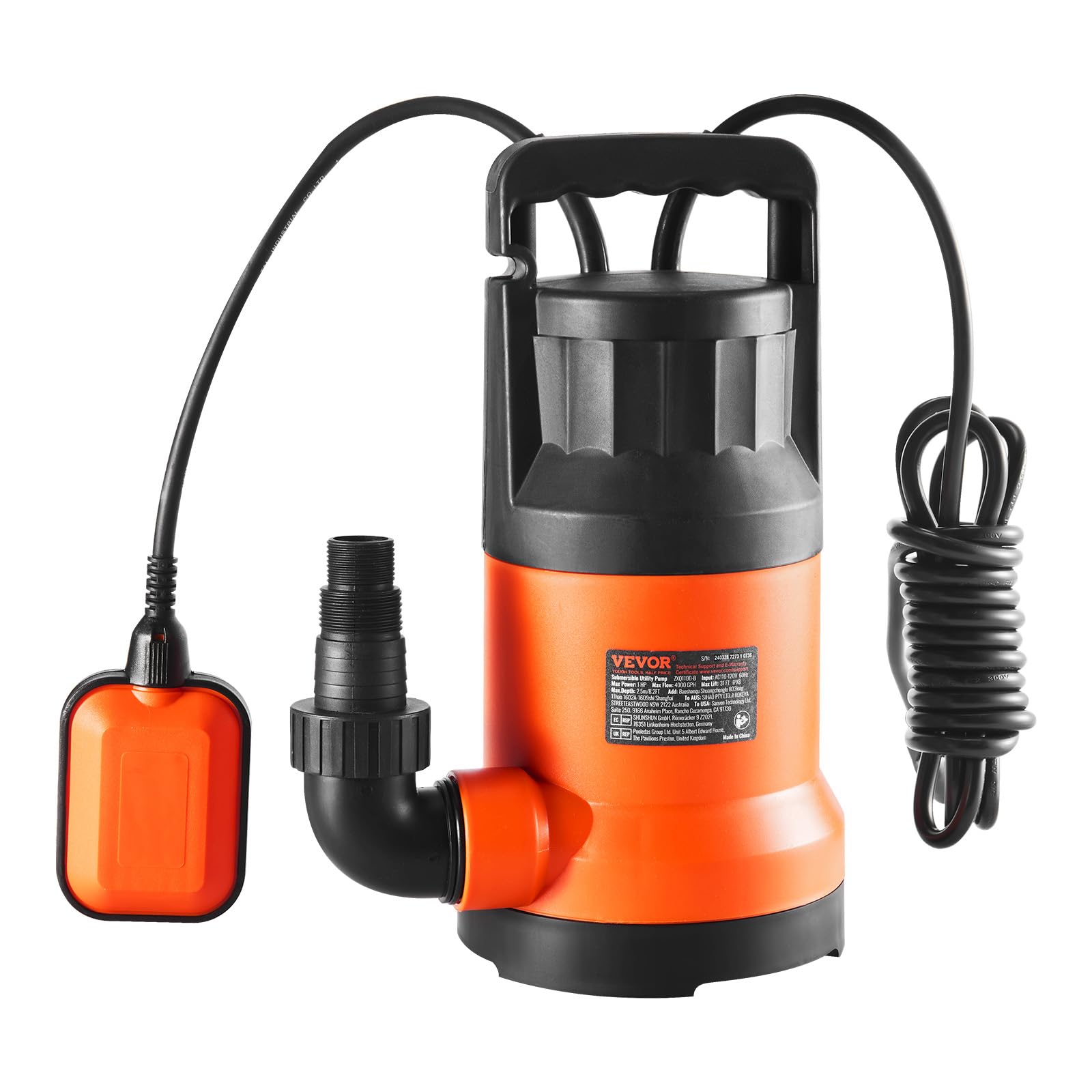 VEVOR Bomba Utilitaria Sumergible, 400 W, 9500 L/H de Alto Flujo, Cabezal de 7,9 m, Bomba Sumergible de Sumidero con Cable de Alimentación Largo para Drenar Agua de Piscina, Jardín, Estanque, Sótano