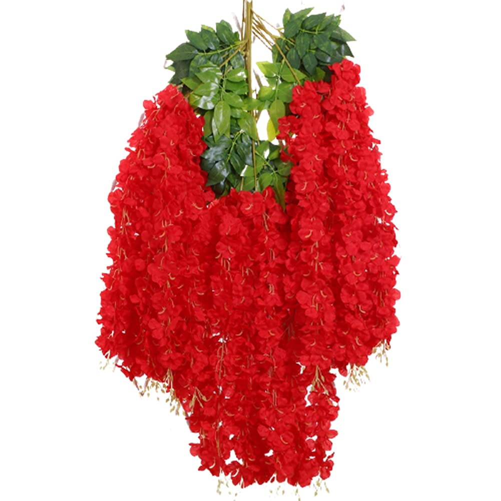 HAOSHICS 12Pcs Artificial Wisteria Hanging Flowers Fake Wisteria Vine Silk Flower Faux Wisteria String for Outdoor Arch Wedding Party Home Garden Decor (Red)