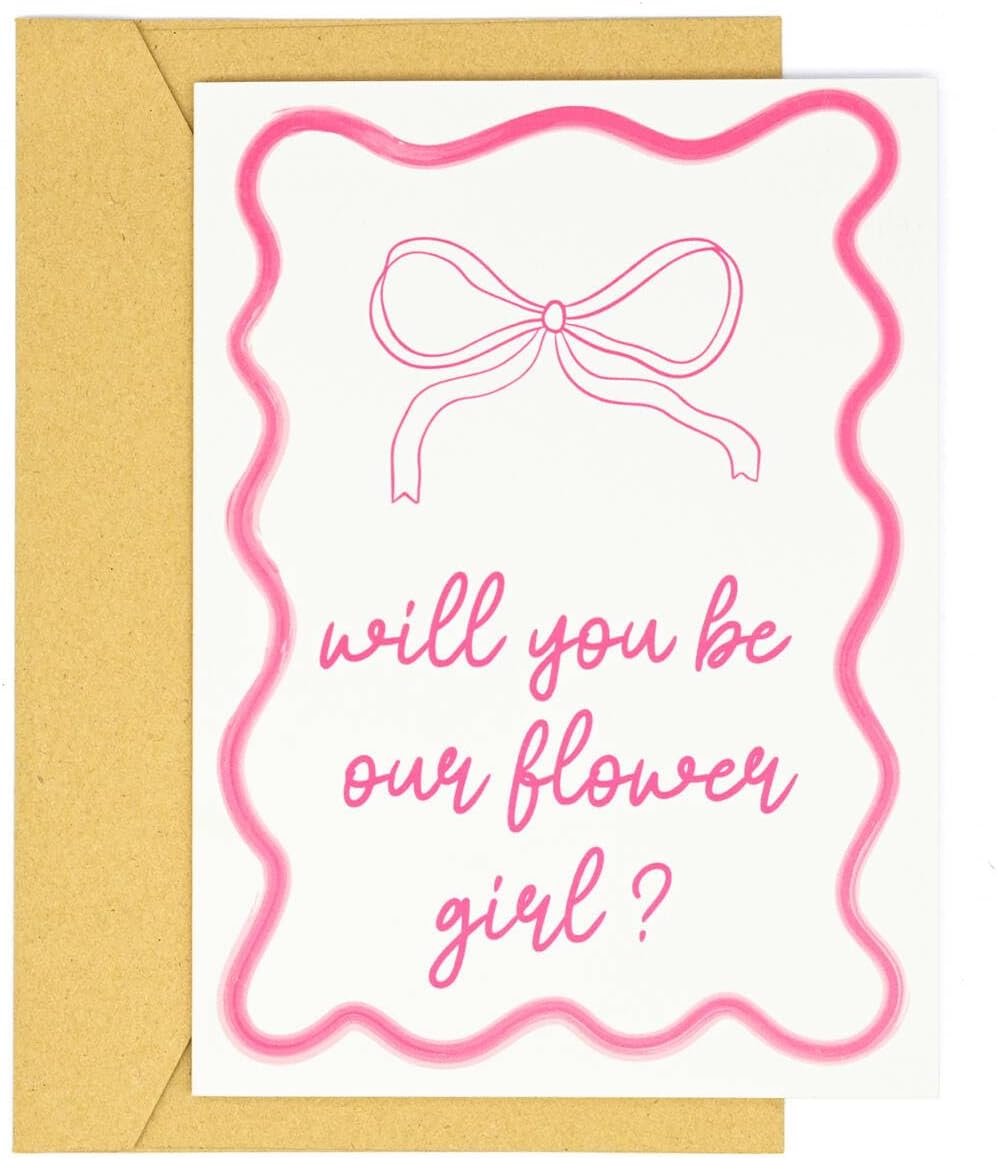 Pink Watercolor Squiggle Will You Be Our Flower Girl? Card – Cute Wedding Flower Girl Proposal Invitation & Keepsake Gift (bow)