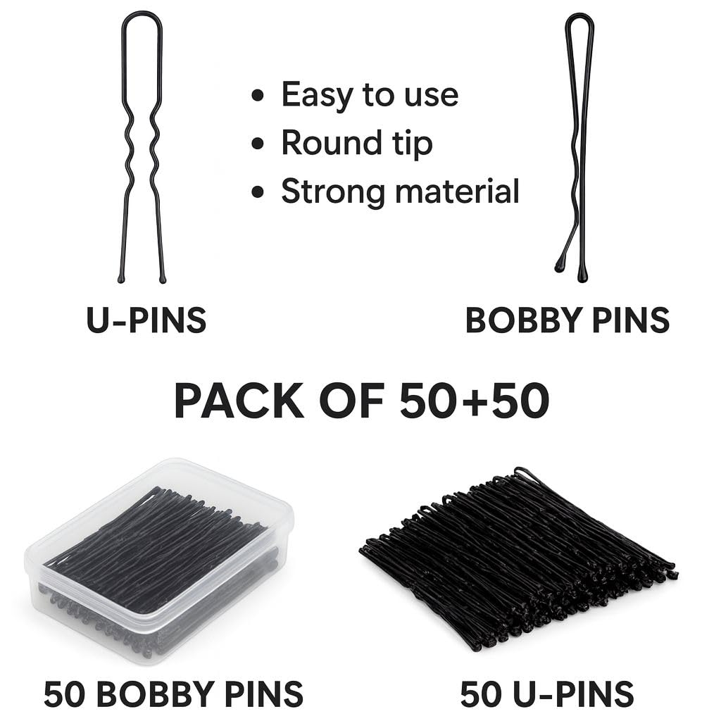 Set of 50 U pin & 50 Bobby pins With Plastic Storage Case ( 100 Pcs ), Black Bobby Pin and U Pins Set, 50 Bobby Pins and 50 U Pins, Hair Styling, Bridal Hair Styling Accessories with Storage Case ( 50+50=100 Pcs), Rust-Resistant, Round Tip, Useful for all Hair Types.