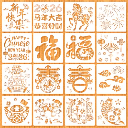MWOOT Painting Stencils for 2026 Chinese New Year of The Horse, FU Characters Drawing Templates for China Lunar New Year Traditional Art Crafts Projects, 30X30CM Large