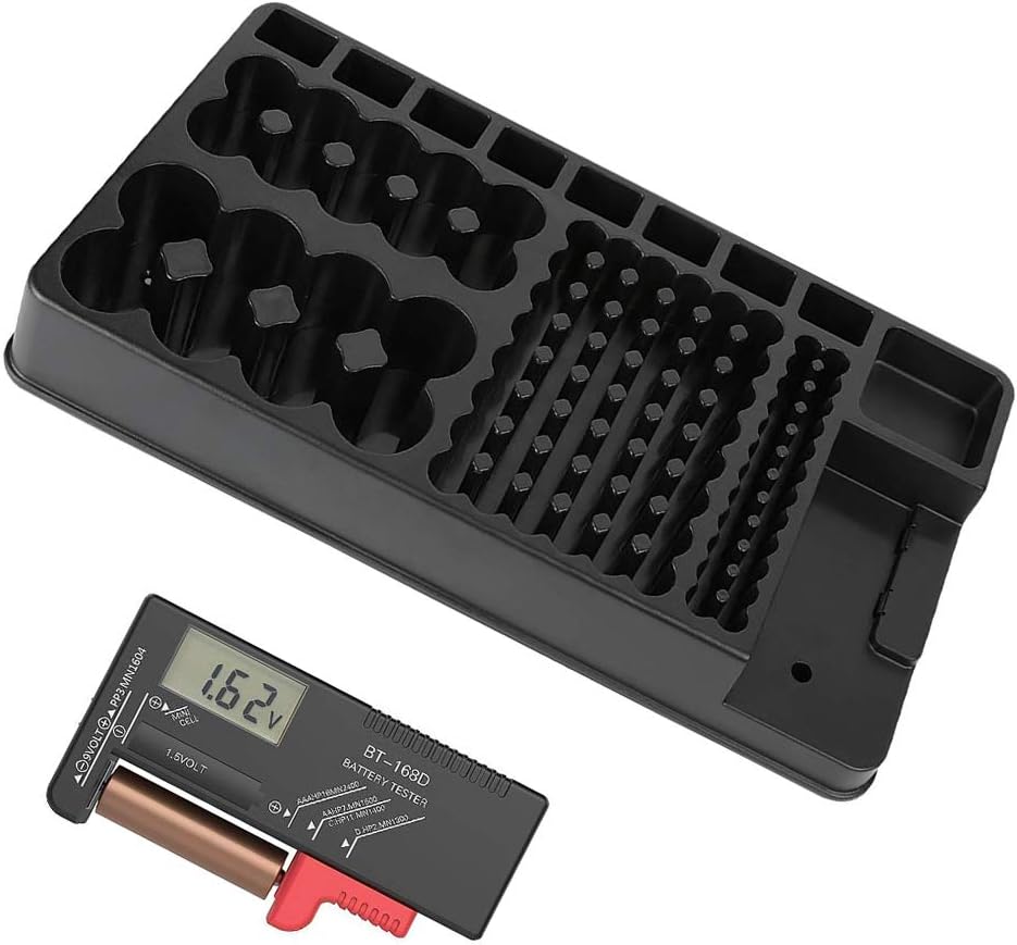 Battery Organizer Storage Case Holder - Holds 110 Batteries Various Sizes and Removable Digital Battery Tester for AAA, AA, 9V, C and D Size - Perfect as Wall or Drawer Organizer