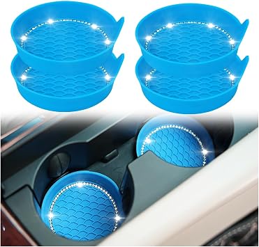 zipelo Bling Car Cup Coaster, 4 Pack Universal Vehicle Anti-Slip Cup Holder Insert Coasters, Crystal Rhinestone Silicone Shockproof Drink Mat, Car Interior Accessories Light Blue