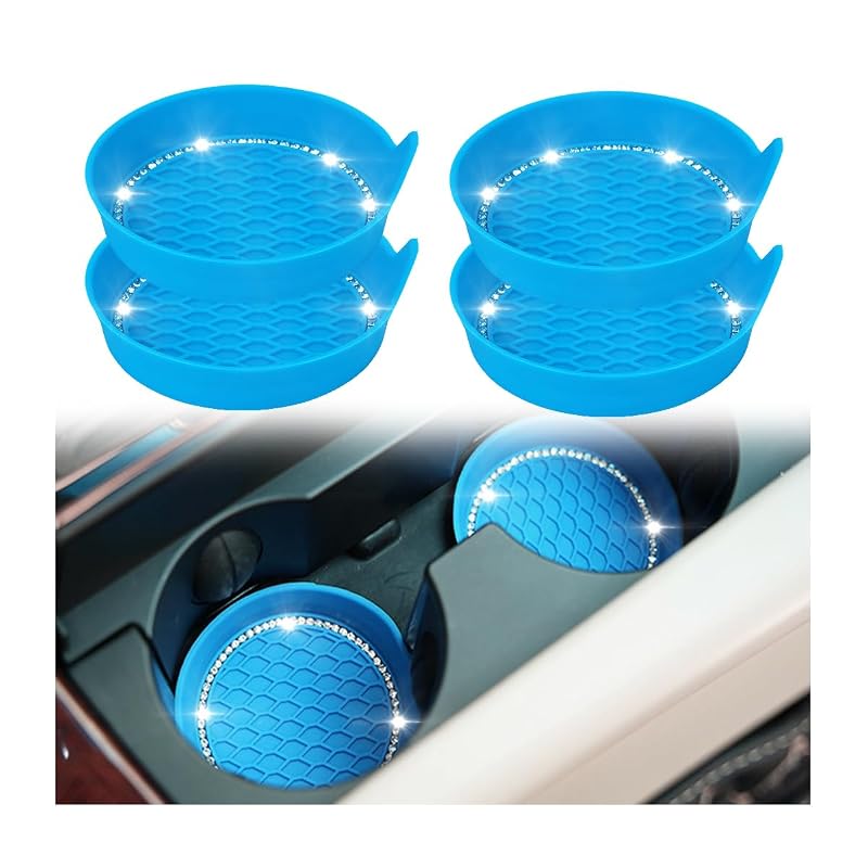 Porta-copos para carro em silicone com detalhe de strass, Azul-claro, 8 cm x 3 cm, Kit com 4 unidades