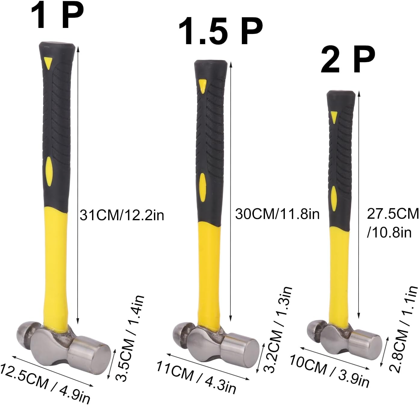3 Pack Ball Pain Hammer Set, Metal Ball Peen Hammer(16oz, 24oz, 32oz), Ball Pain Hammers with Soft Nonslip Handles, Ideal for Maintain, Purpose, Camping & More