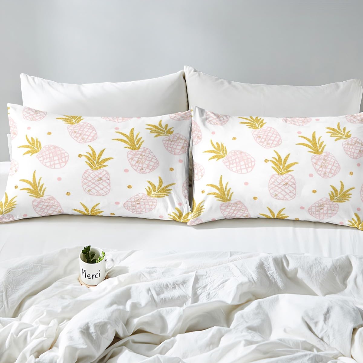 Feelyou Pineapple Sheet Set for Girls Kids Cute Pink Tropical Fruit Bedding Set Room Decorative Golden Polka Dots Bed Sheets Pineapple White Bed Sheet Set Queen Size 4Pcs Bed Set