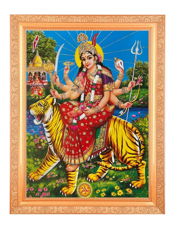 Tableau Maa Durga Vintage Zari Photo Cadre Doré 27x35 cm Décoration Inde