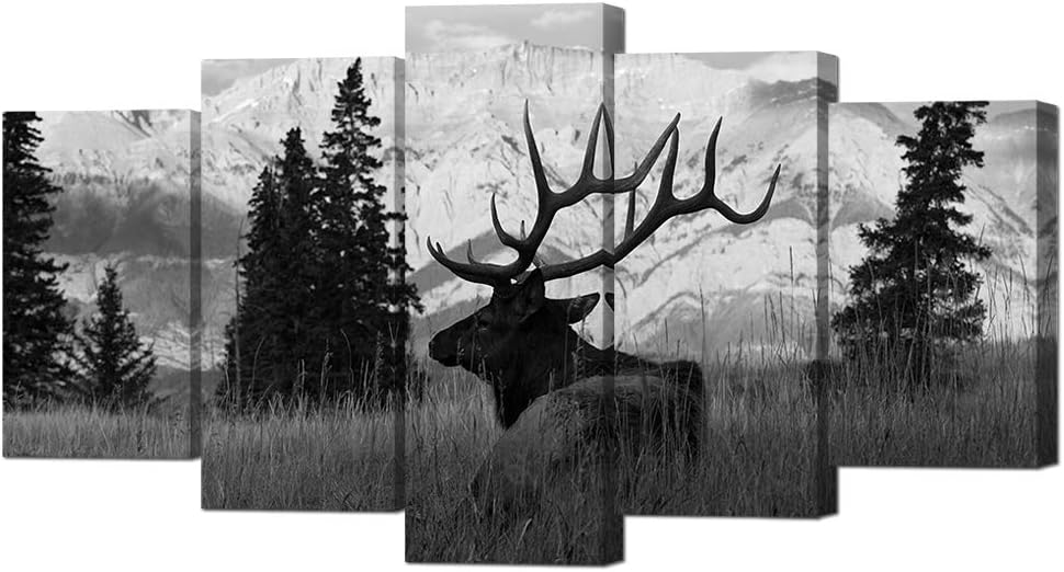 HOMEOART Elk Pictures Wildlife Animal Painting Canvas Prints Black and White 5 Panels Artwork Stretched Framed Living Room Home Wall Decor