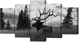 HOMEOART Elk Pictures Wildlife Animal Painting Canvas Prints Black and White 5 Panels Artwork Stretched Framed Living Room Home Wall Decor