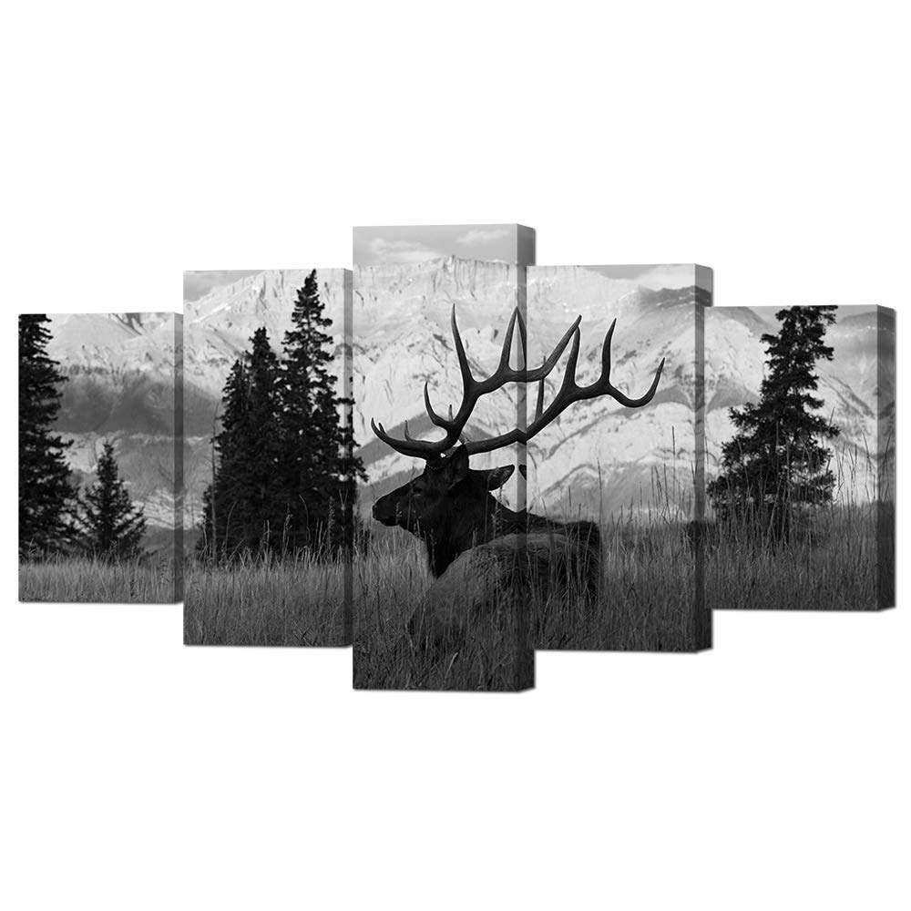 HOMEOART Elk Pictures Wildlife Animal Painting Canvas Prints Black and White 5 Panels Artwork Stretched Framed Living Room Home Wall Decor
