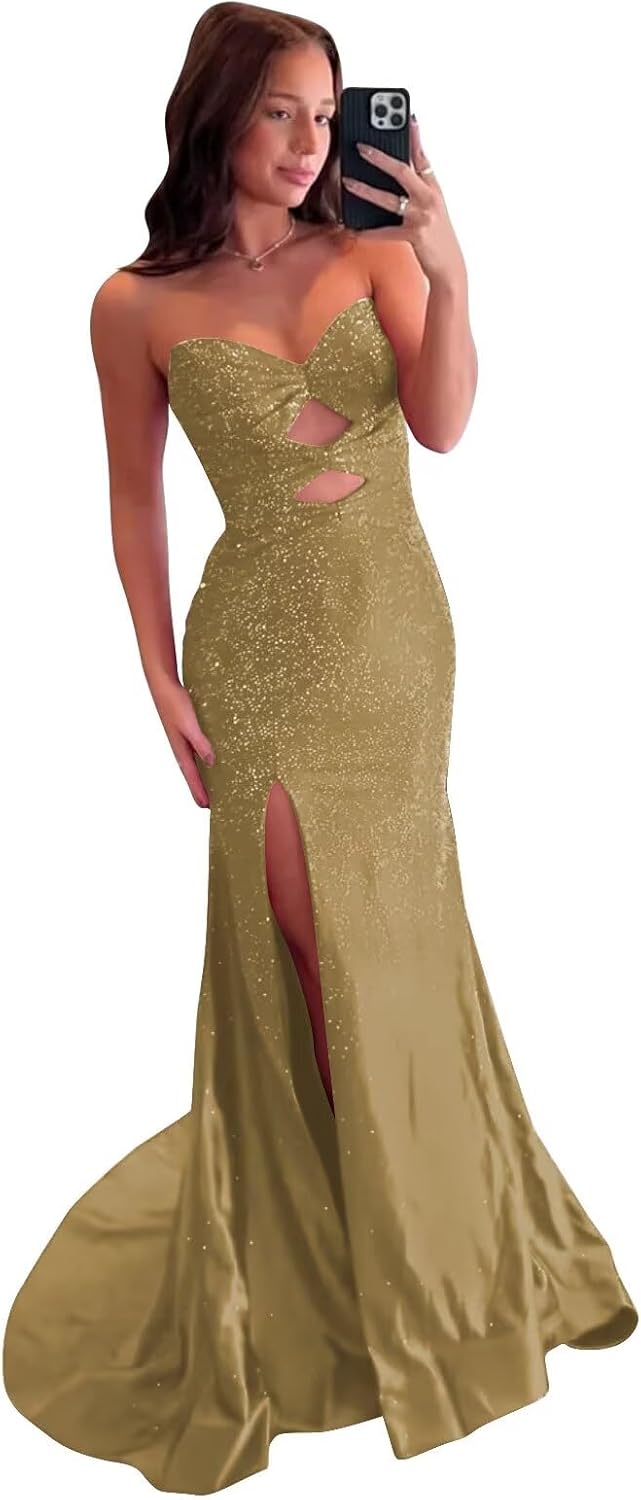Prom Dresses Long for Women with Slit Sparkly Cut-Out Strapless Mermaid Party Evening Dresses Corset