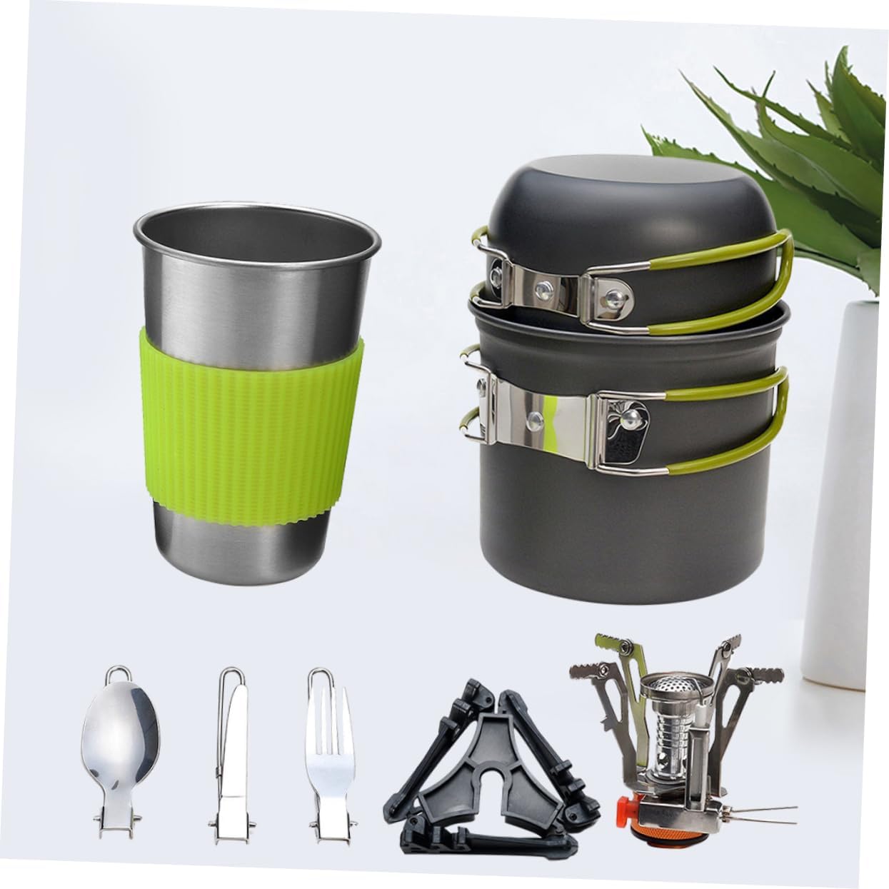 VANZACK Portable Camping Cookware Set Lightweight Outdoor Pot and Cutlery Kit for Hiking Backpacking and Picnics Green Handle for