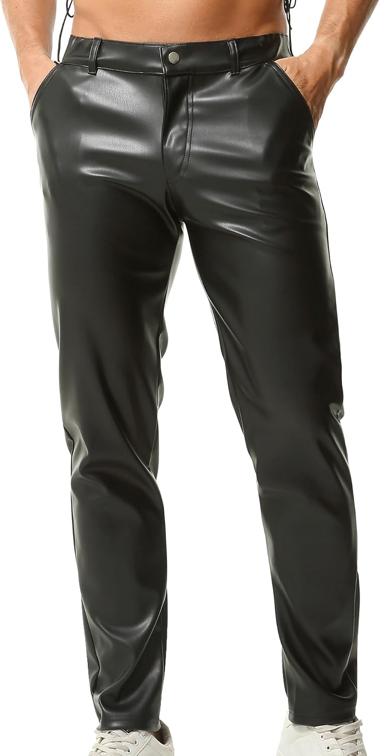 Men's Skinny Black PU Leather Pants - Straight Leg Faux Leather Night Club Shiny Disco Casual