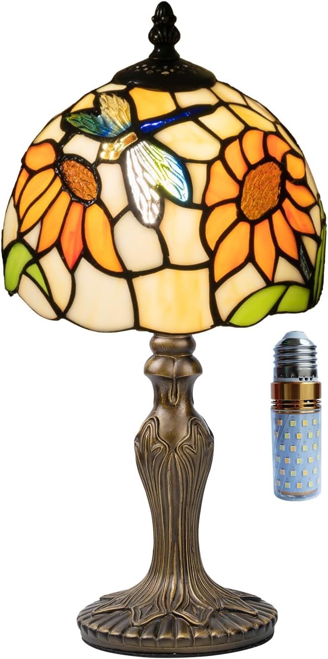 Tiffany Table Lamp,3 Color-Temperature Sunflower Stained Glass Lamp,8 Inch Tiffany Style Lamp for Bedroom Living Room Home, Handcrafted Light, Included Bulb (Yellow Sunflower)