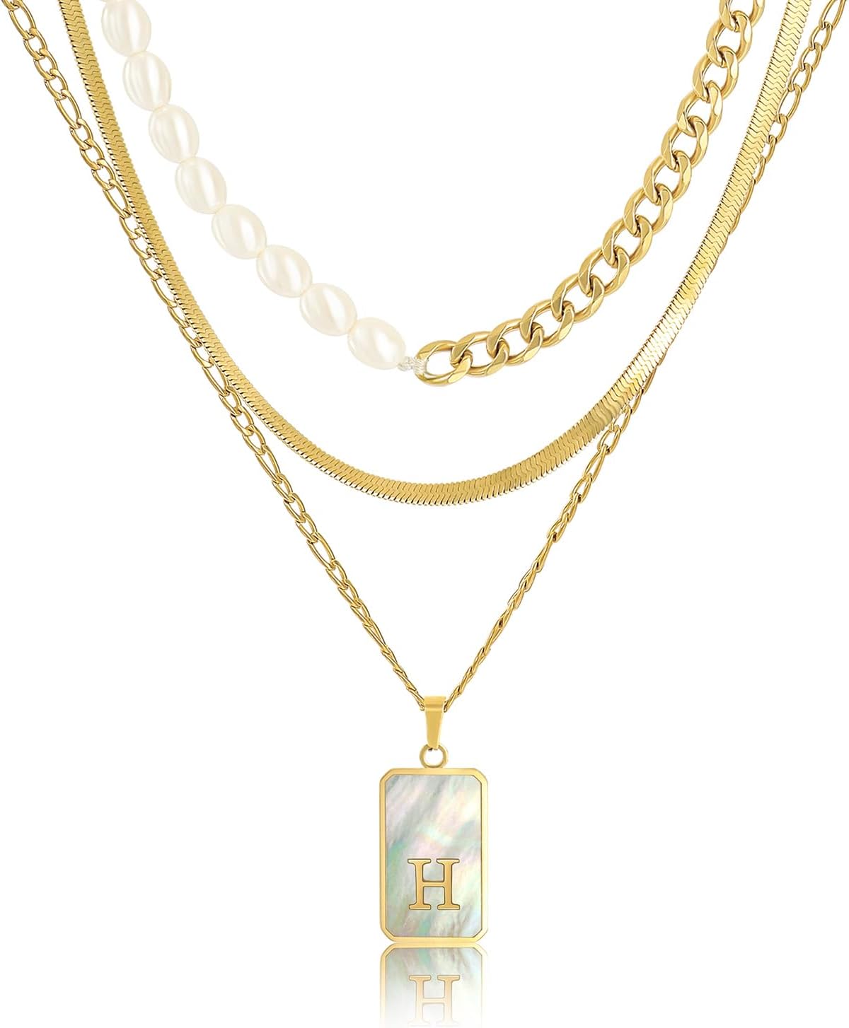 Layered Gold Pated Initial Necklace for Women 3 Pcs, Shell Initial Pandent Chunky Pearl Choker Snake Cuban Chain Stacked Necklace Trendy Statement Jewelry Gift (A-Z)