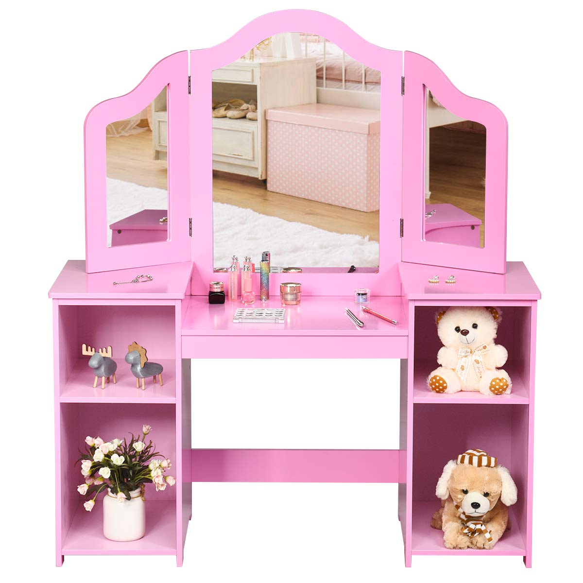 Maxmass Kids Vanity Table and Chair Set, 2 in 1 Girls Dressing Table Set with Removable Tri-Folding Mirror, 4 Storage Compartments, Children Wooden Princess Makeup Table for 3+ Years Old