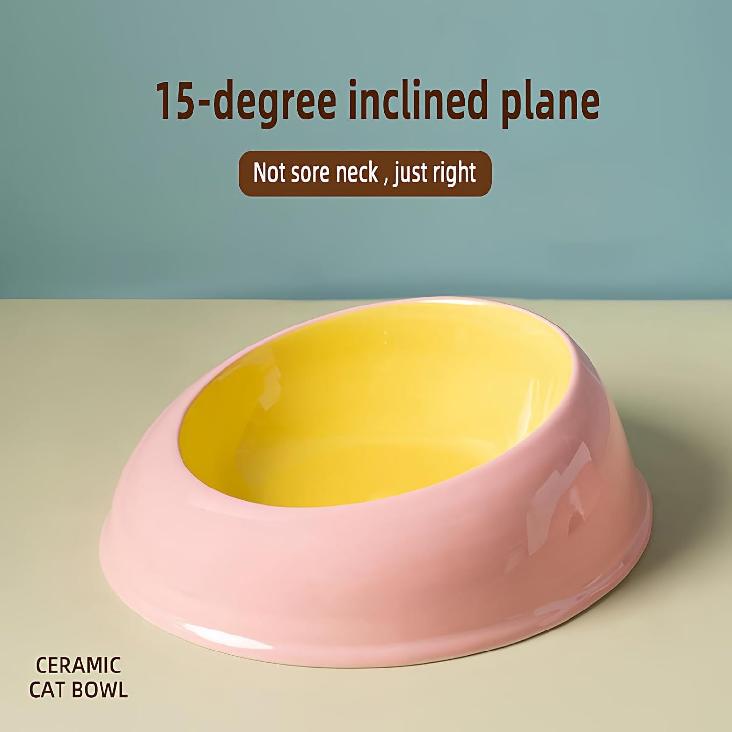 15° Inclined Cat Bowl Optimal Neck Support, Effortless Eating 6.89-Inch Wide and 2.05-Inch Tall Saucer with 7.04-Ounce Capacity Pet Bowl for Cats and Small Dogs（Pink Yellow）