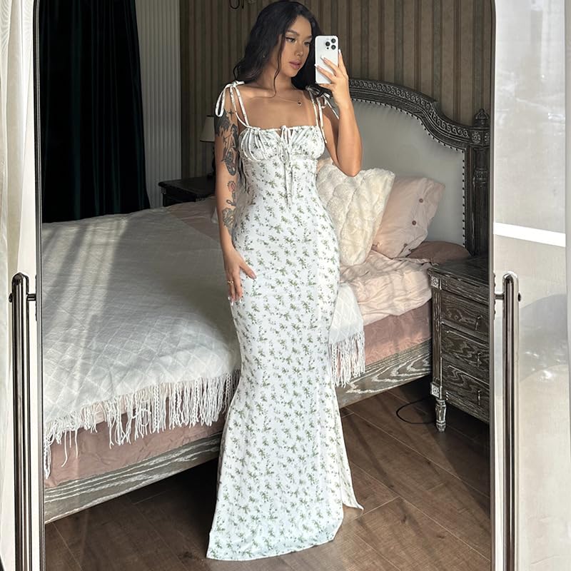 Image of Women Floral Printed Spaghetti Strap Maxi Dress Long Dress Backless Tie Shoulder Mermaid Dress