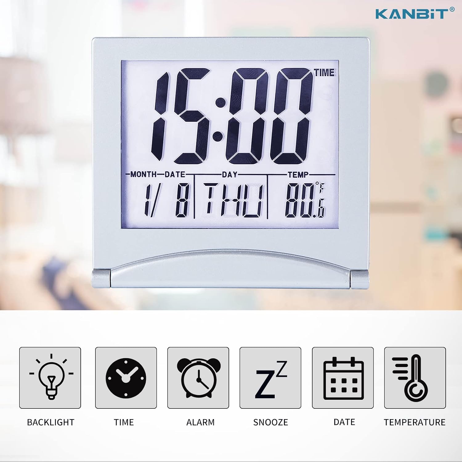 KANBIT Small Digital Travel Alarm Clock Battery Operated, Portable Large Number Display Loud Alarm Clock with Temperature, Night Backlight, 12/24 H Desk Clock -Silver (White Light)