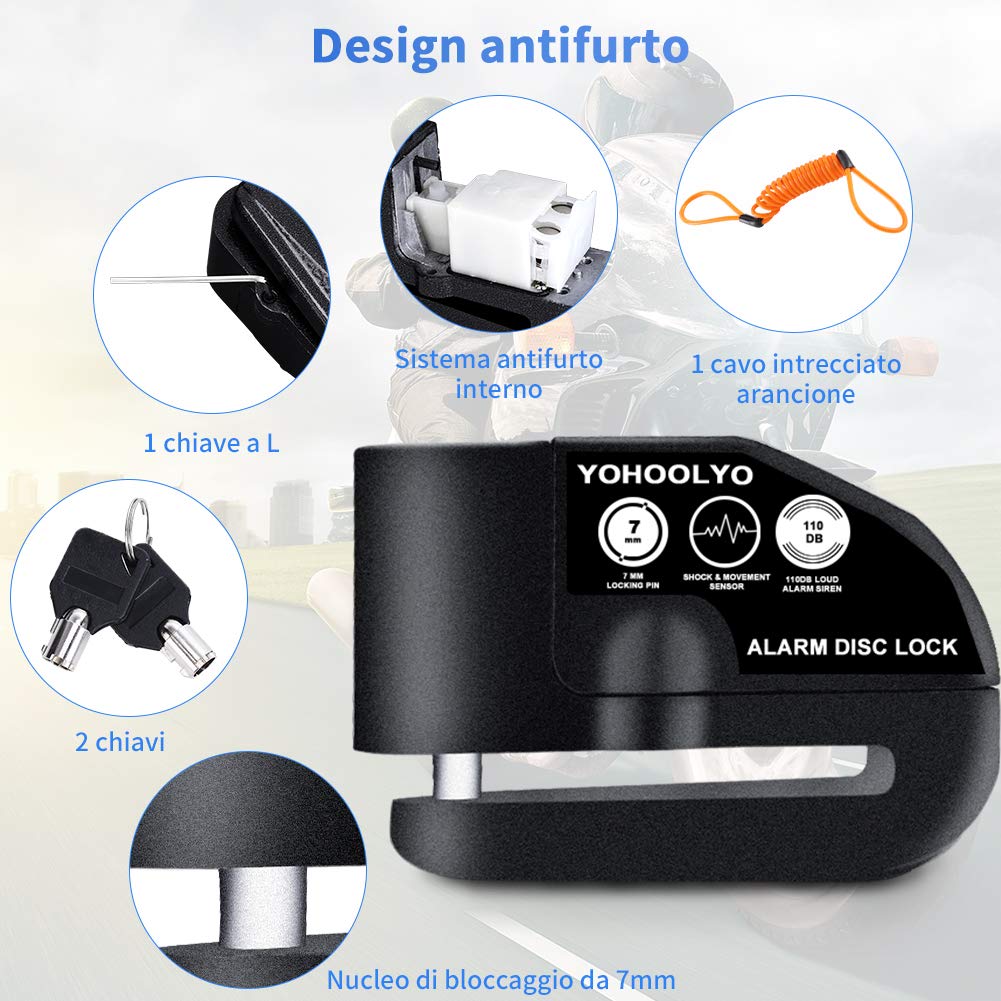 YOHOOLYO Bloccadisco Antifurto Impermeabile Allarme Sonoro 110DB per Moto Scooter Accessori con 2 Chiavi Cavo 1,5m Borsa