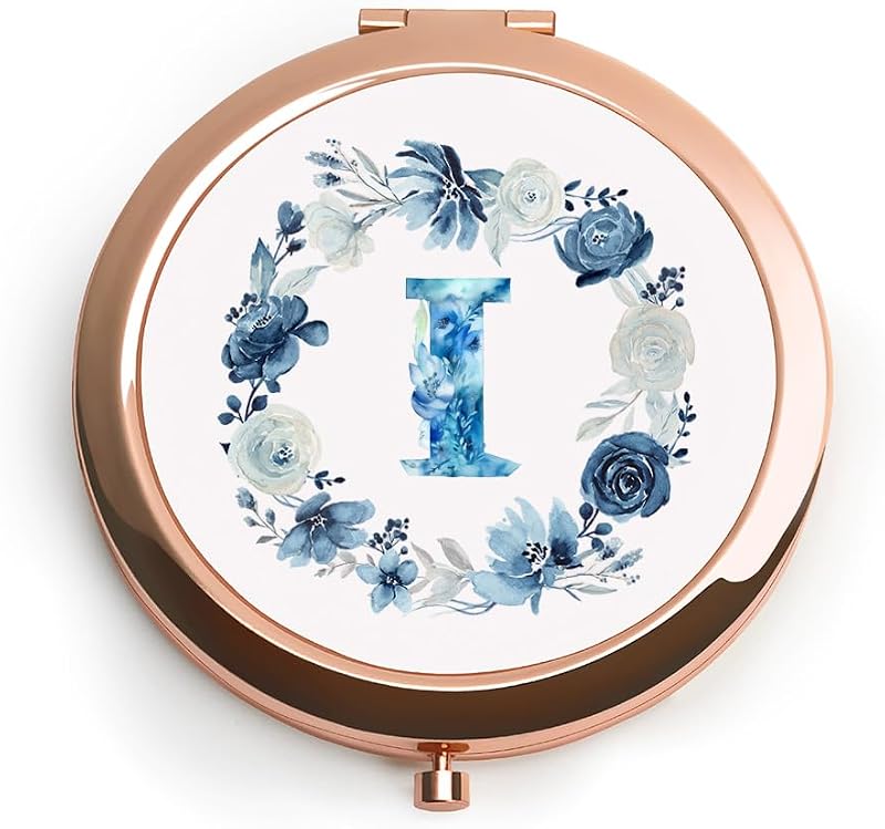 Espelho compacto redondo QUSTGO com monograma floral personalizado, acabamento dourado e estojo para presente