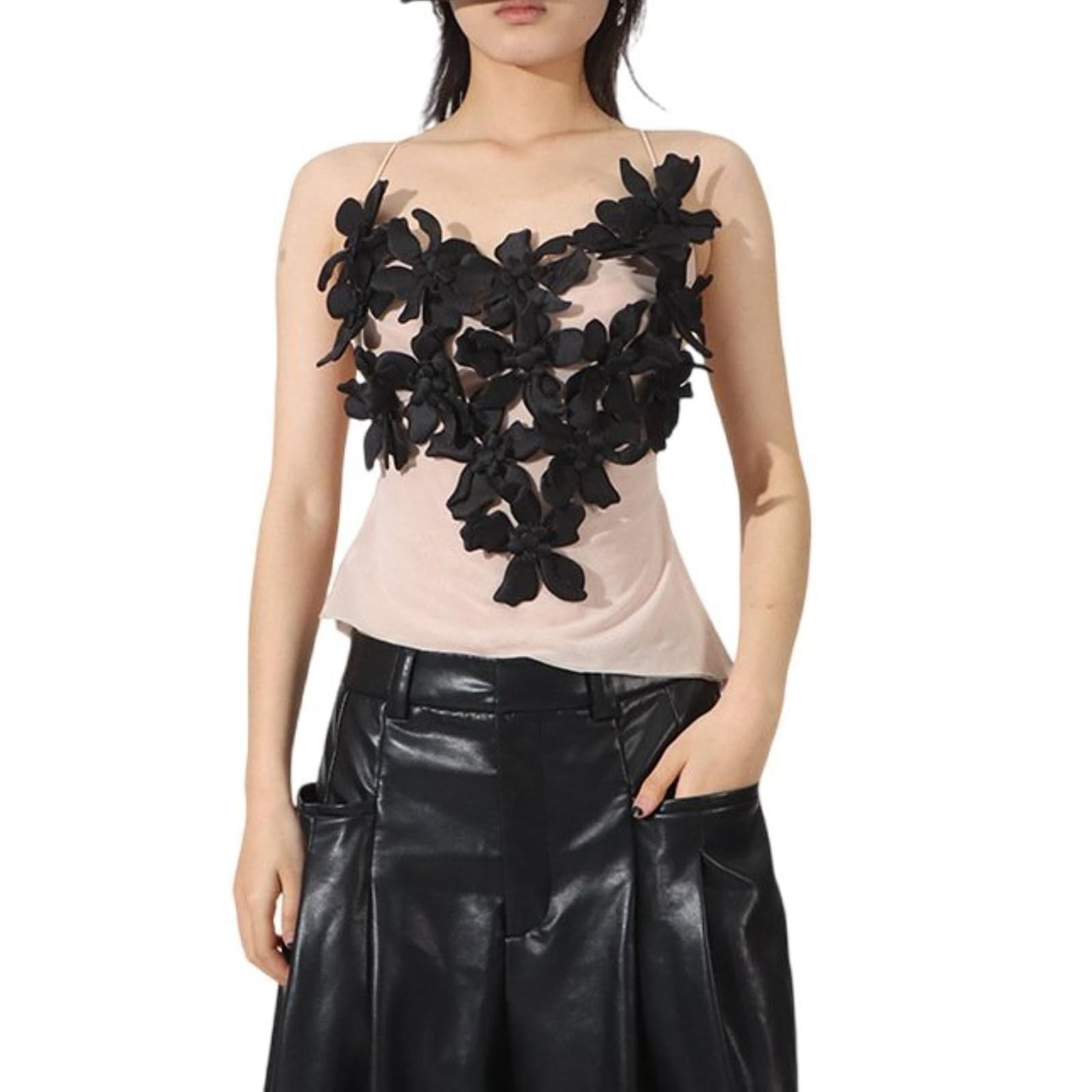 Femmes 3D Fleur Camisole Top Maille Dos Nu Sans Manches Slim Fit Camisole Cami Soirée Clubwear
