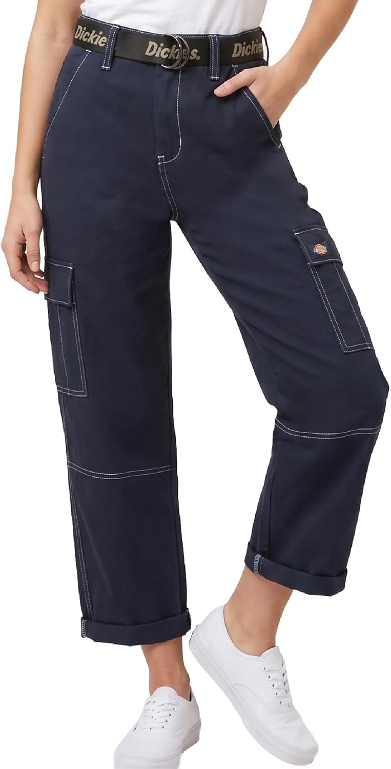 Dickies Womens Cargo Pants - High Waisted Cropped Leg Relaxed Fit Belted Utility Work Pants for Women - Size Up for Ideal Fit