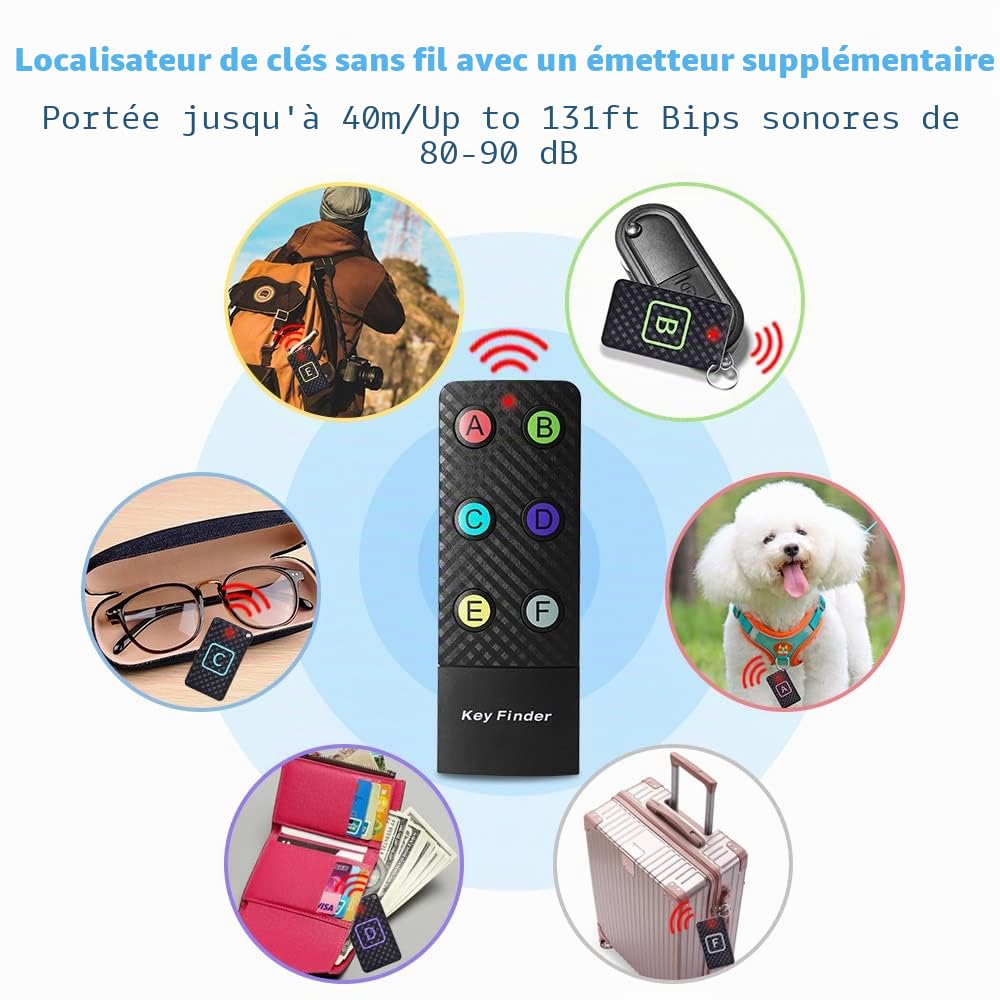 Localisateur de clés avec transmetteur extra, localisateur d'articles CHLOVOE avec bips forts de 85 dB, suivi d'articles sans fil, clés, portefeuille, téléphone, lunettes, bagages, traqueur d'animaux