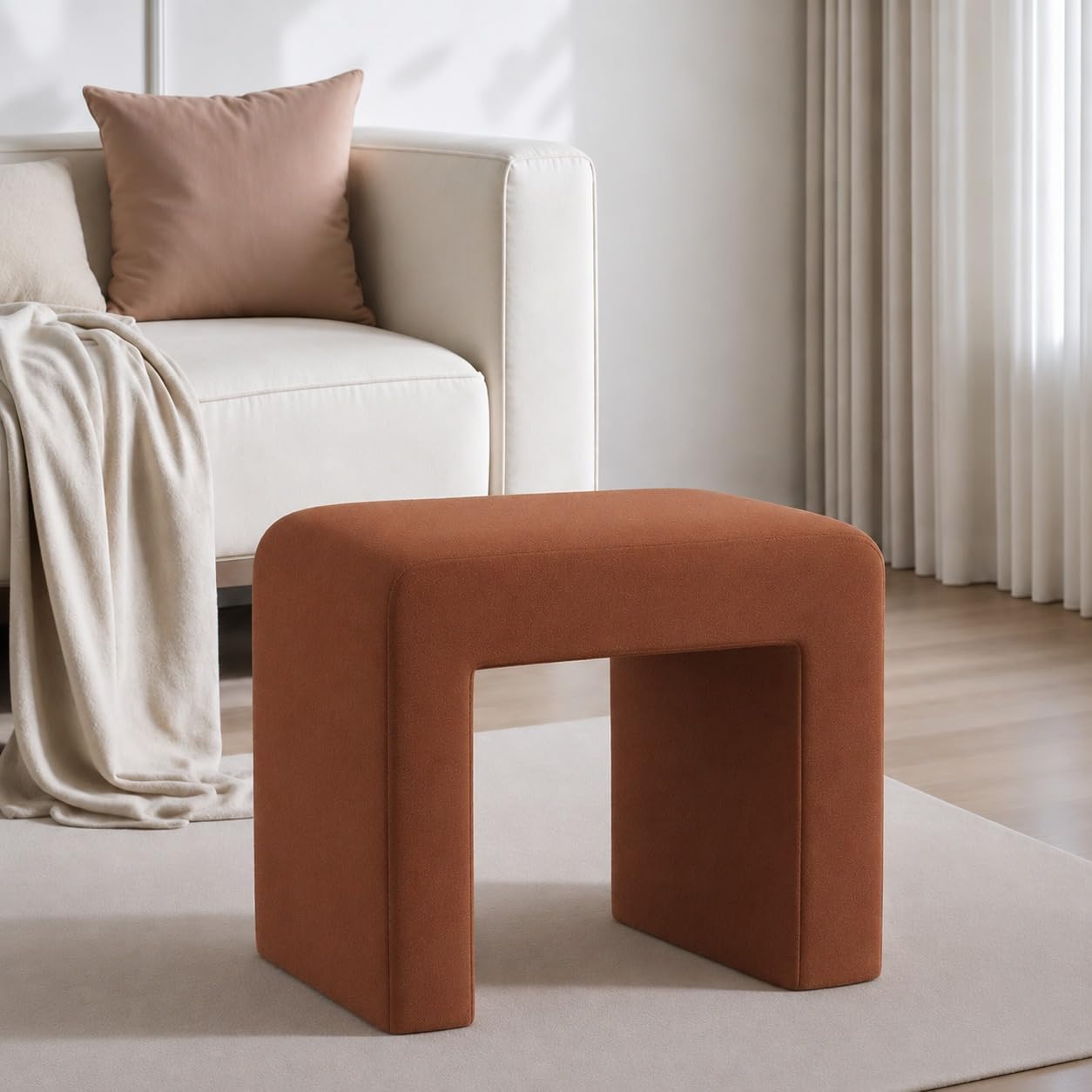 Kundi Modern Boucle Vanity Stool Chair with Wooden Legs – Soft Ottoman Footstool for Makeup Room, Living Room, Entryway & Office (White) (Brown)-image-1