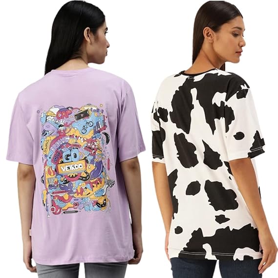 Veirdo® Pure Cotton Oversized Loose Fit Animal Graphic Printed Half Sleeve T-Shirt for Women/Girls (Pack of 2)