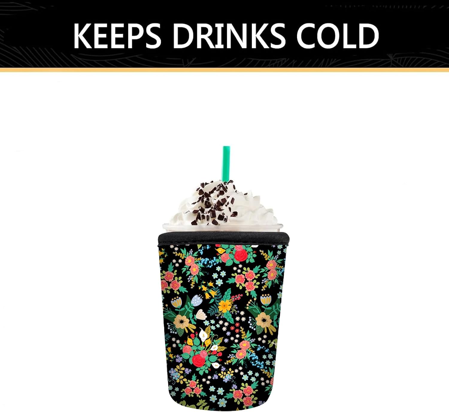 YR Reusable Neoprene Insulator Sleeve for Iced Coffee Cups, 3 Pack Coffee Coolies sleeves for Iced & Hot Drinks, Cold Beverage Cooler Compatible with Cold Soda and More (Garden Floral)