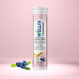 Wellfa Collagen Boost Veg Collagen Peptides Skin Formula (1000mg) | Effervescent Tablets with L-Glutathione, Vitamin C, E... Price In India
