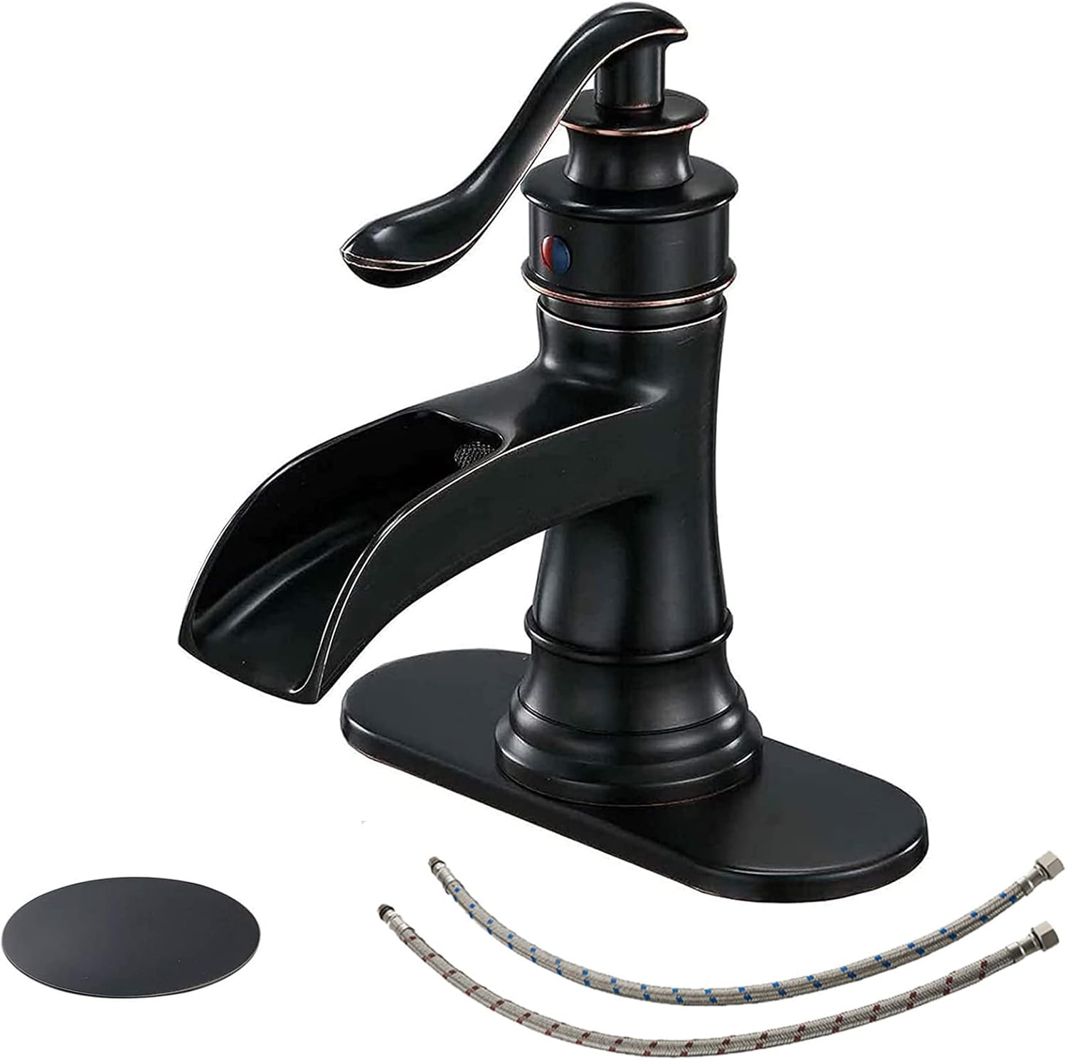 BWE Waterfall Bathroom Faucet Matte Black Bathroom Sink Faucet with Pop Up Drain Single Handle Deck Plate for 1 or 3 Hole Vanity Farmhouse Mixer Tap Fits All States, California 1.2 GPM Standard