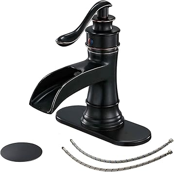 BWE Oil Rubbed Bronze Bathroom Sink Faucet with 1.2 GPM Flow Rate Waterfall Vanity Sink Faucet Single Handle Mixer Tap with Pop Up Drain Stopper Assembly Water Supply Hose