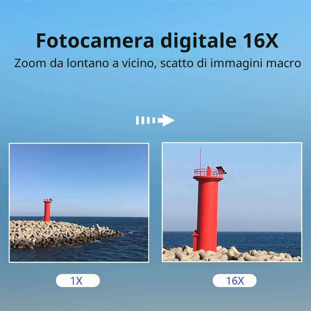 Videocamera Digitale Portatile 1080P Videocamera 44MP Messa A Fuoco Automatica 2.5 Schermo IPS Zoom Digitale 16X Rilevamento Volti Anti-Vibrazione Cattura Sorriso